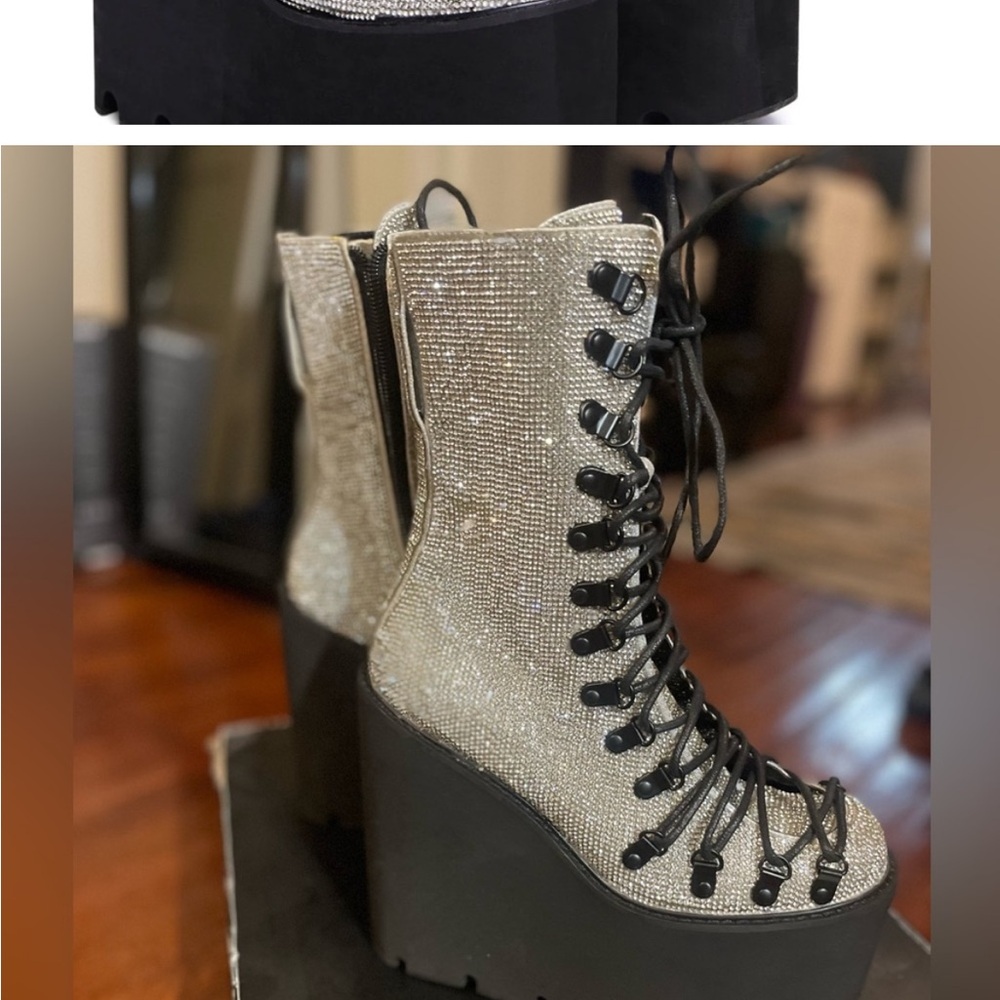 Glamorous Silver and Black Platform Heeled Boots